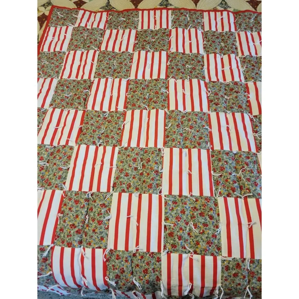 Machine Patchwork Quilt Red Stripe Floral Tied Cottage Farmhouse Throw 42x54‎ in